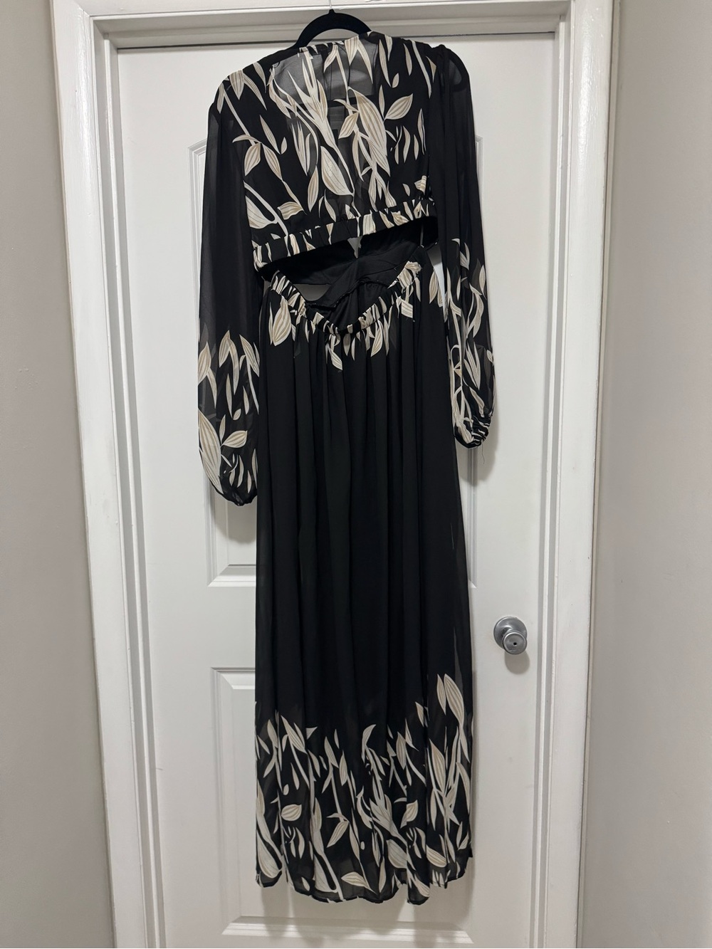 Fashion Nova Black Sheer Maxi Dress with Cream Leaf Print - Picture 7 of 12